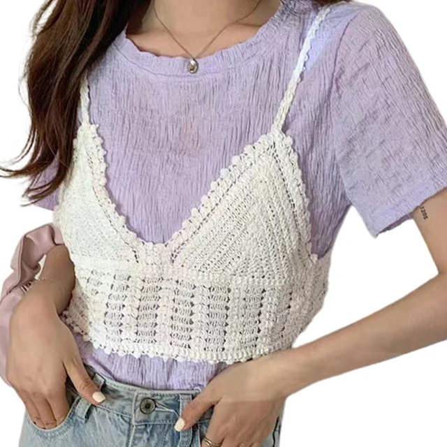Women Summer Crochet Knit Camisole Sexy V-neck Backless Spaghetti Strap Crop  Top Solid Color Slim Mini Vest Beach Shirts - Tanks & Camis - AliExpress