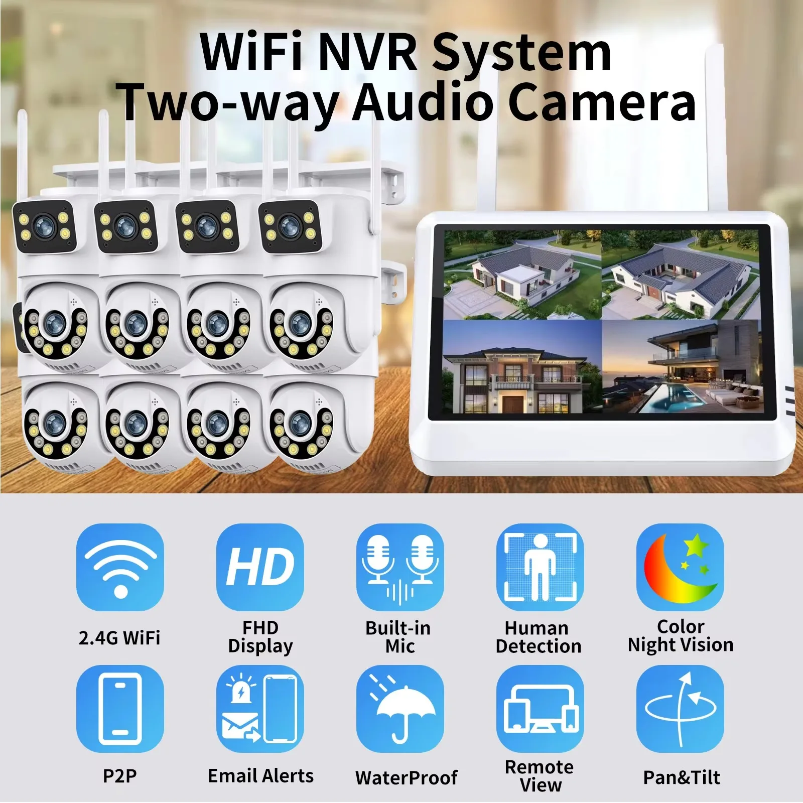 Gadinan Wifi PTZ 카메라 시스템 10.1 인치 스크린 NVR 비디오 감시 3MP 자동 추적 방수 양방향 오디오 감시