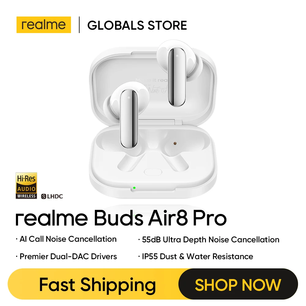 سماعات أذن لاسلكية حقيقية realme Buds Air8 Pro TWS بتصميم ماستر، إصدار عالمي، مع ترجمة بالذكاء الاصطناعي، تقنية Gemini AI، بلوتوث 6.1 — صورة 1