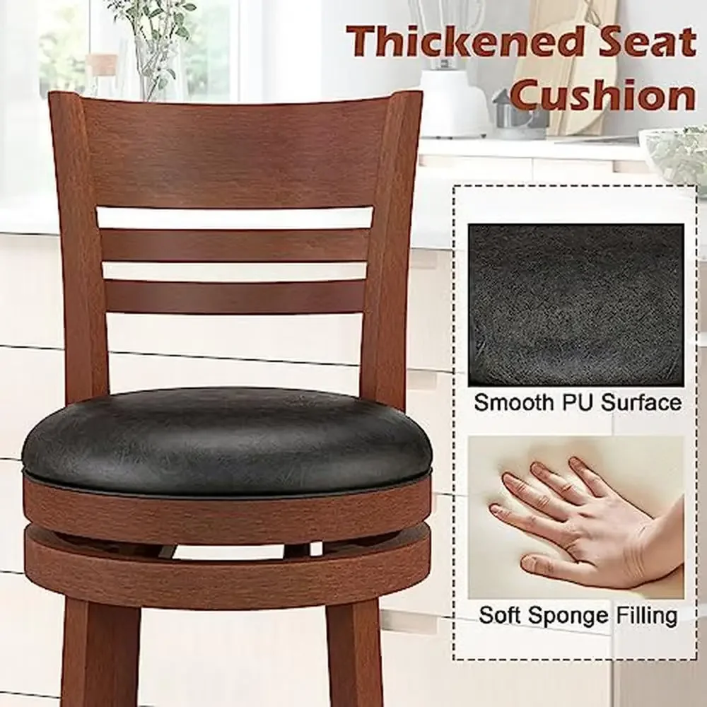 360 Swivel Bar Stools with PU Upholstered Seats Solid Wood Backrests & Footrests Bar Height Chairs Retro Style Home Kitchen