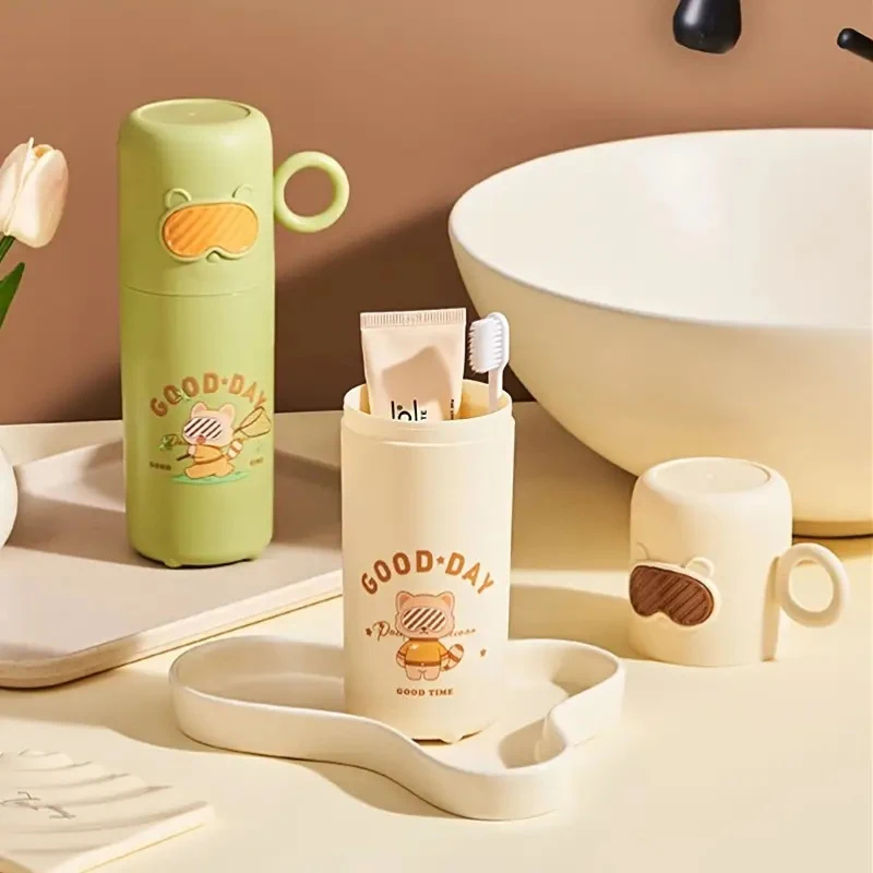 창의적인 작은 너구리 세면컵 가정용 여행용 칫솔통 휴대용 귀여운 안경 곰 칫솔통