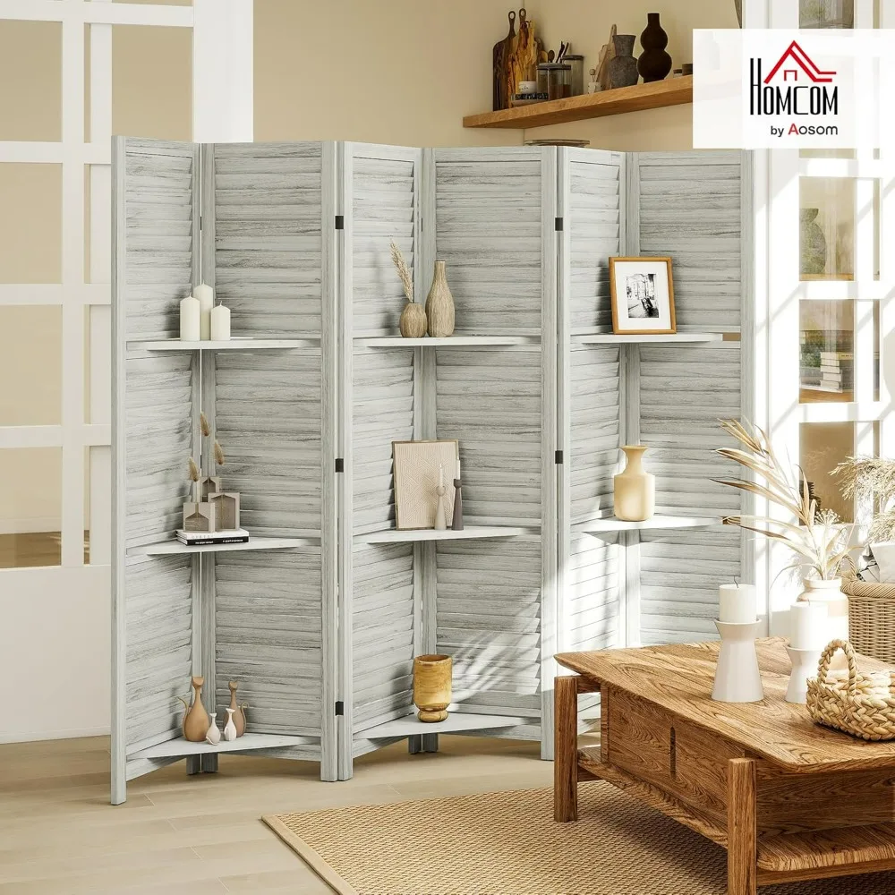6 Panel Room Divider by HOMCOM - 67 Tall Wooden Privacy Screen with 3 Shelves for Bedroom or Home Office