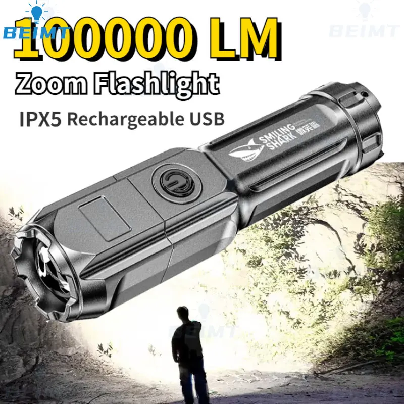 

100000LM Powerful LED Flashlight USB Charging Tactical Flash Light Variable Focus Long Range Torch Outdoor Waterproof Flashlight
