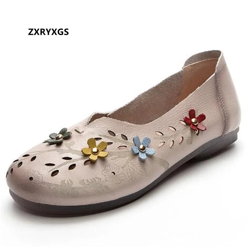 

ZXRYXGS Premium Full Genuine Leather Hole Shoes Woman Flats 2022 New Spell Color Flower Women Fashion Shoes Sandals Casual Shoes