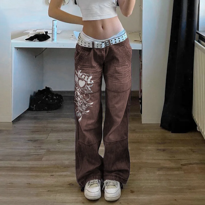 

Streetwear Jeans Woman Baggy Jeans Printed Loose Zipper Fly Vintage Clothes Korean Fashion High Waist Straight Leg Jeans Women