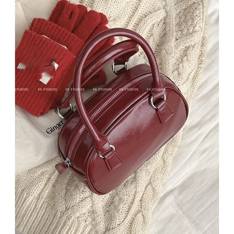 Versatile Small Square Handbag For Women Fall Winter Vintage Red Zipper Pu Leather Ladies Crossbody Bags Simple Commuting Pack
