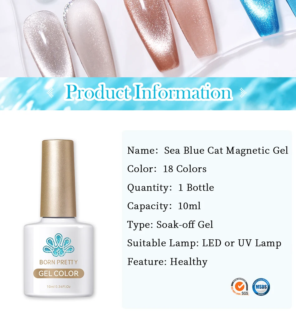 Description Picture 3 of itemBORN PRETTY Sea Blue Mint Manbo Gel Nail Polish Cat Magnetic Semi Permanent Sparkling Nail Art Soak Off LED UV Gel Nail Varnish