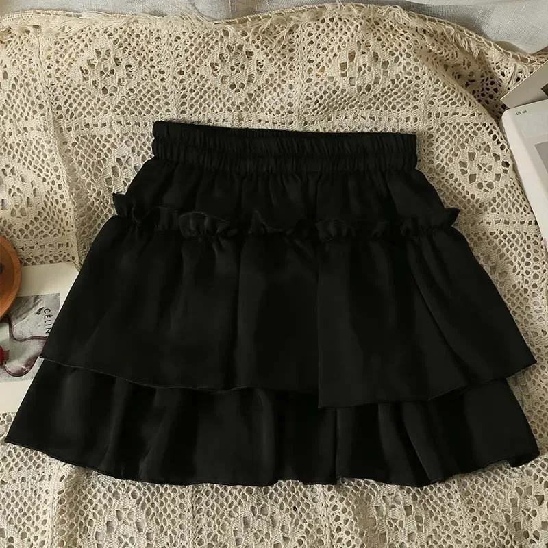 

White Cake Skirt Ruffles Design Sweet Preppy Style A-word Version Elastic Waist Women Chiffon Skirt Slim Thin Casual Summer P365