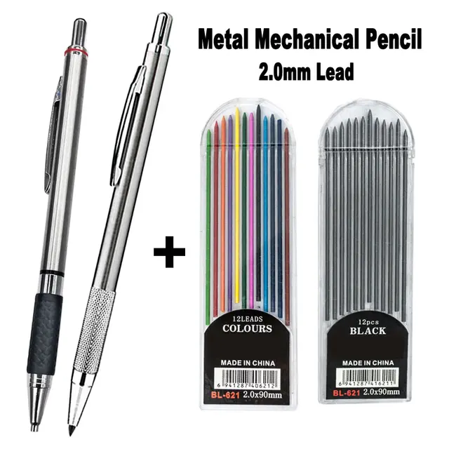 Metal Stainless Steel Mechanical Pencil 2.0mm Colored Black 2B Lead For Art Sktech Drawing Woodwork Design Office School Writing 1
