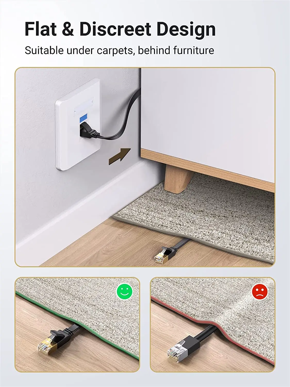 UGREEN Cat 7 이더넷 케이블 Cat7 고속 플랫 기가비트 RJ45 LAN 케이블 10Gbps 차폐형 인터넷 네트워크 패치 코드