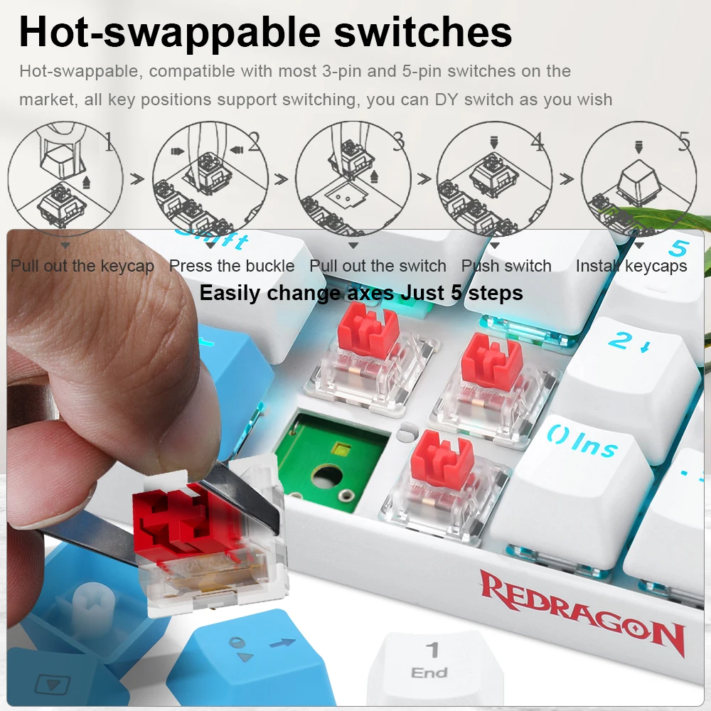 REDRAGON K688 USB 미니 기계 게임 키보드 블루 레드 스위치 78 키 유선 게이머 컴퓨터 PC 노트북