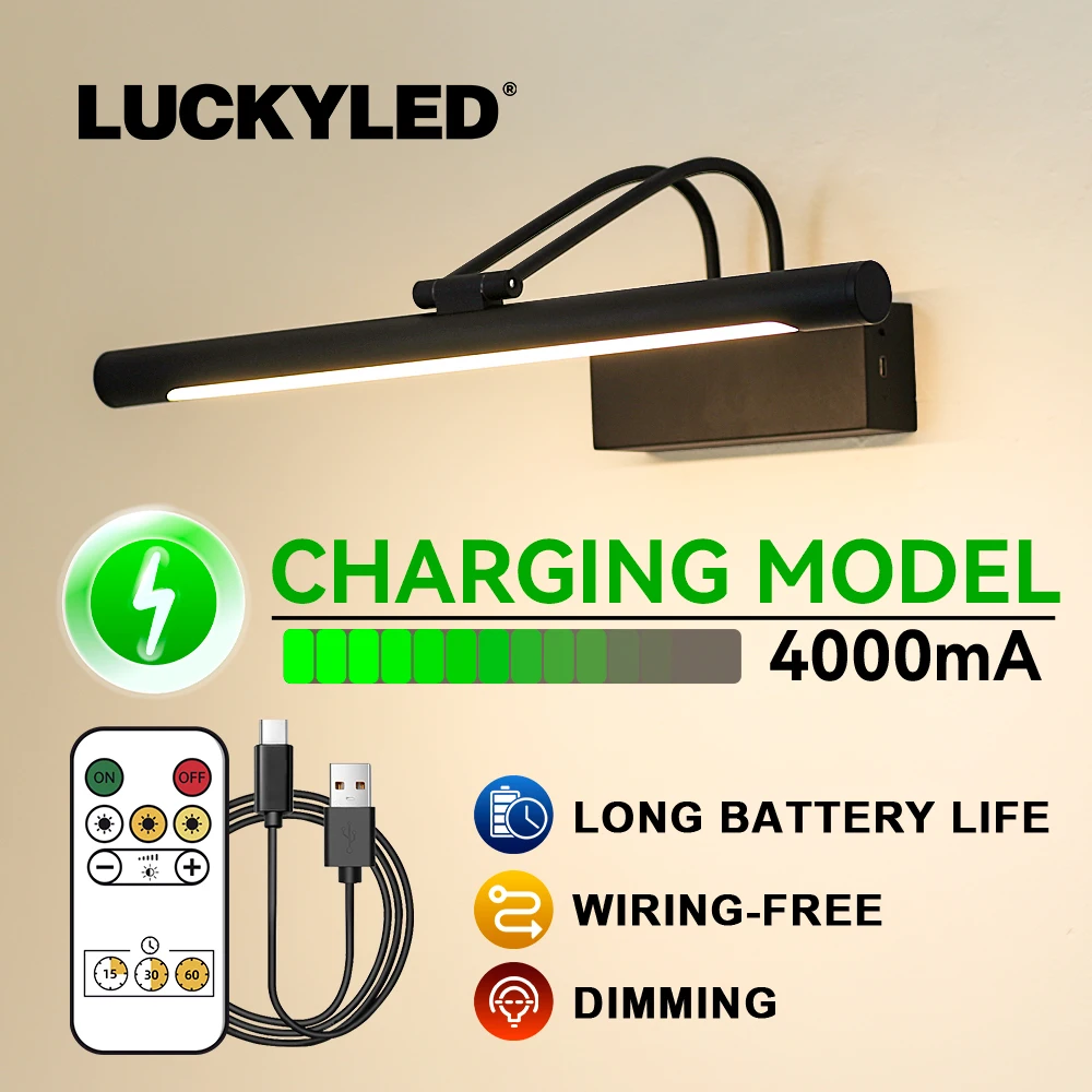 Lukcyled Rechargeable Wireless LED Wall Lamp Remote Control Dimming Painting lamp Bathroom Light 40cm Modern Light Black