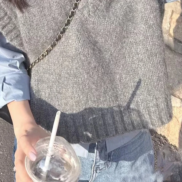 رمادي سترة دون أكمام محبوك سترة المرأة الخريف والشتاء الكورية الحلو نمط ملابس خارجية سترة الخامس الرقبة سترة محبوكة عادية