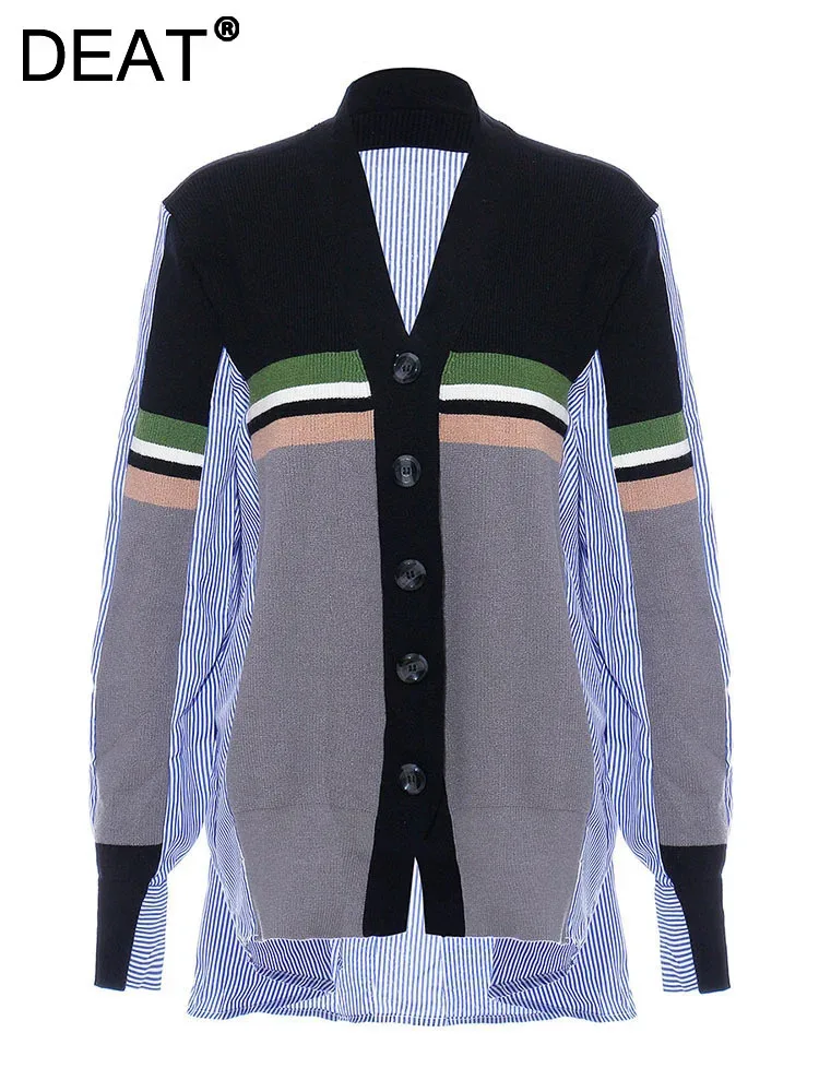 

Женская трикотажная рубашка в полоску DEAT, однобортная Свободная блузка контрастных цветов с V-образным вырезом, 2 предмета, весна 2024