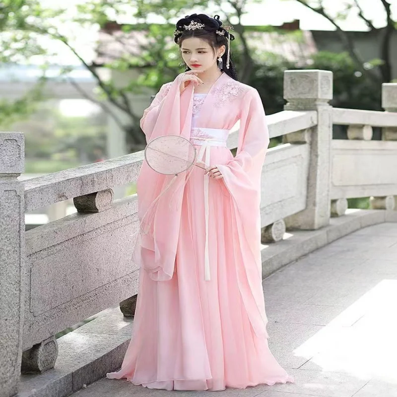 

Женский новый костюм Hanfu розового цвета длиной до талии, древний неувядающий и старинный стиль, с большими рукавами, для выступления в классическом танце, лето
