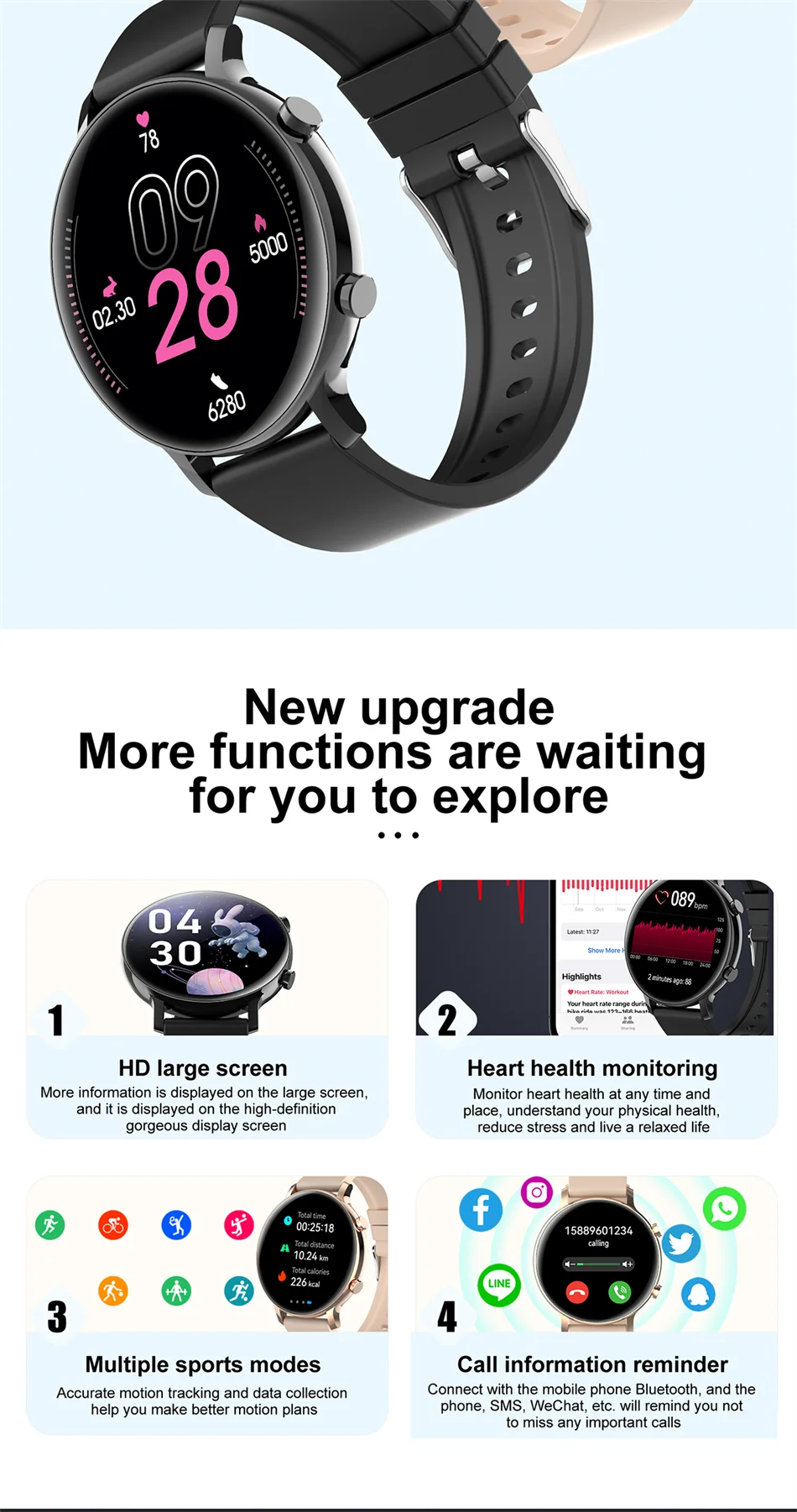 ECG + PPG Bluetooth-oproep Smart Watch Dames heren Waterdichte sport Fitness Tracker Multifunctionele damessmartwatch Heren +_voghion.com