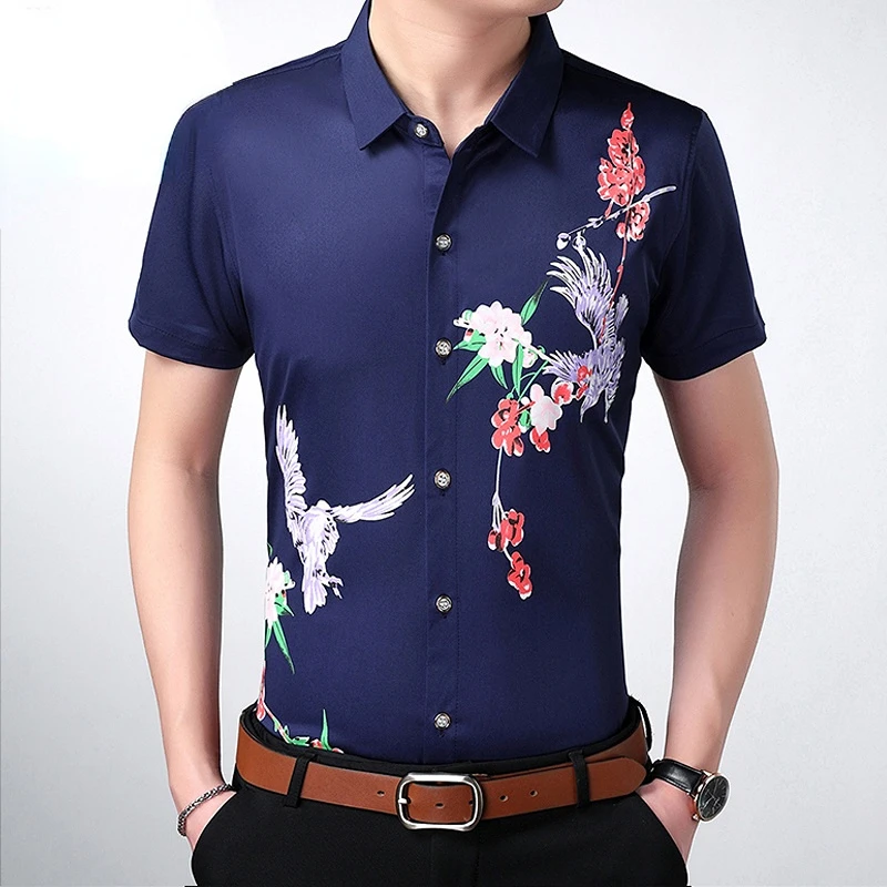 

Fashion Men Summer Short Sleeve Smooth Shirt Korean New Quick Dry Male Clothes Lapel Floral Print Button Casual Loose Thin Tops