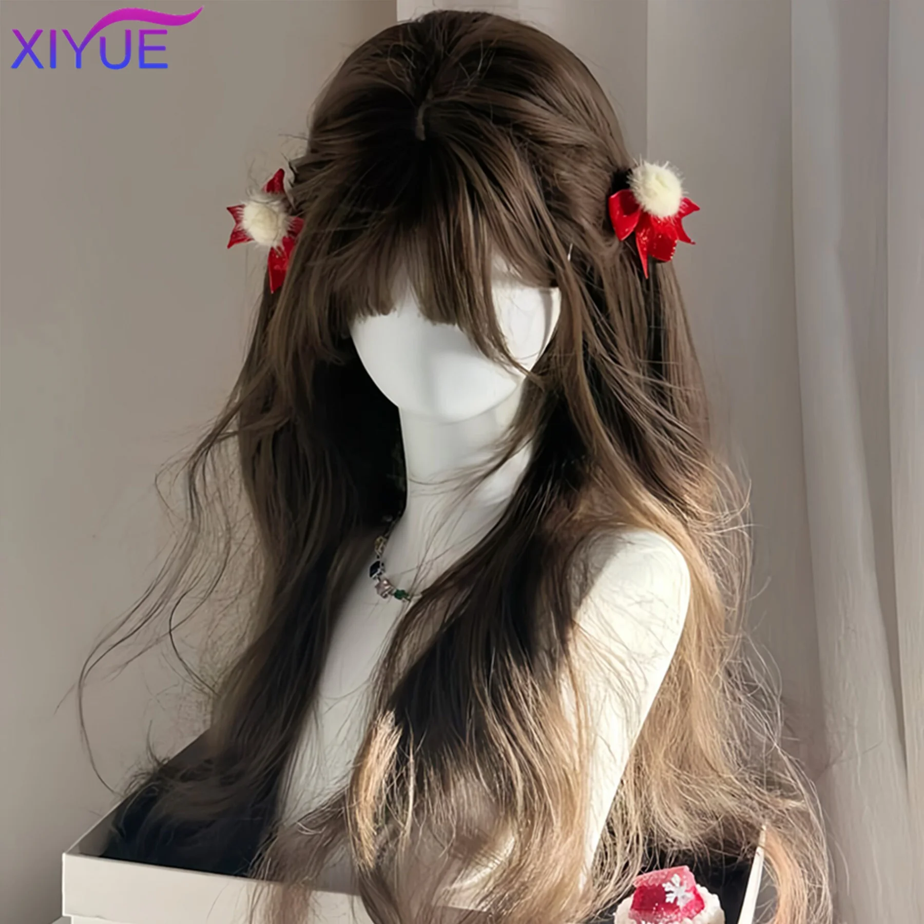 XIYUE cool Brown Brown Black Wavy Wigs for Women with Bangs Long Natural Synthetic Hair Wig Daily Cosplay Heat Resistant