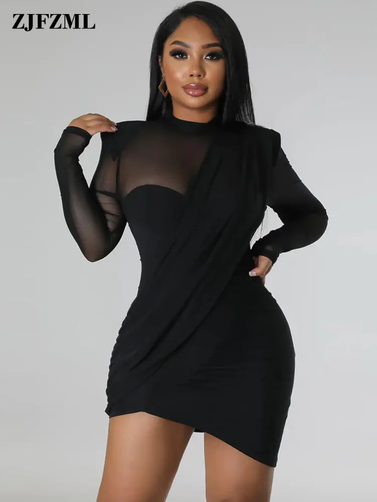 Mesh Long Sleeve Ruched Bodycon in Black