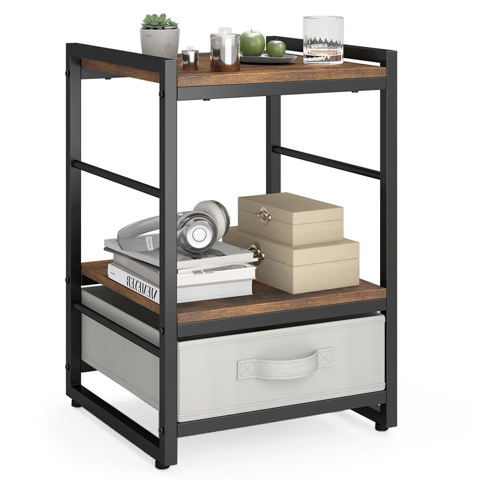 GOFLAME Bedroom Nightstand Bedside Table w/Fabric Drawer & Open Shelf-Coffee