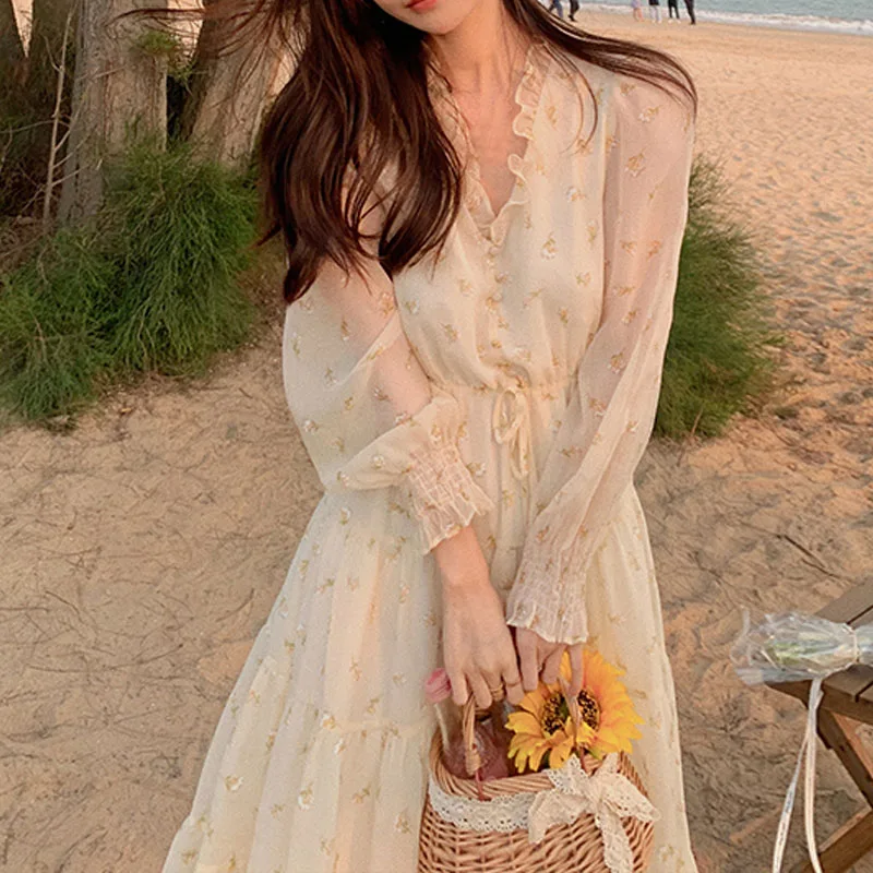 

V-neck Elegant Sweet Dress Women Long Sleeve Chiffon Floral Dress Party Beach Dress for Females Korean Style 2023 Summer Chic