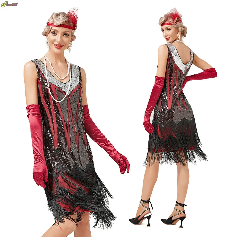 

Vintage 1920s Flapper V-neck Double Tassel Dress Great Gatsby Cosplay Costume Cocktail Party Charleston Dance Sequin Stud Dress