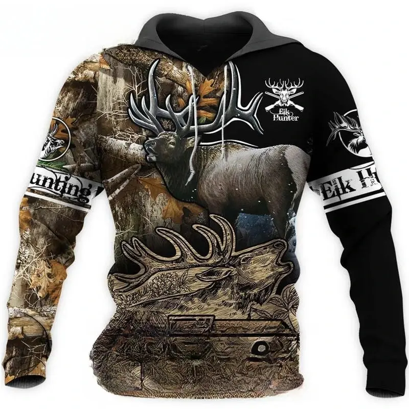 thumbnail image 1 of Sudadera con capucha para hombre con estampado 3D de animales de caza de ciervos y cazadores, jersey de manga larga de camuflaje a la moda para exteriores, 1 of 5