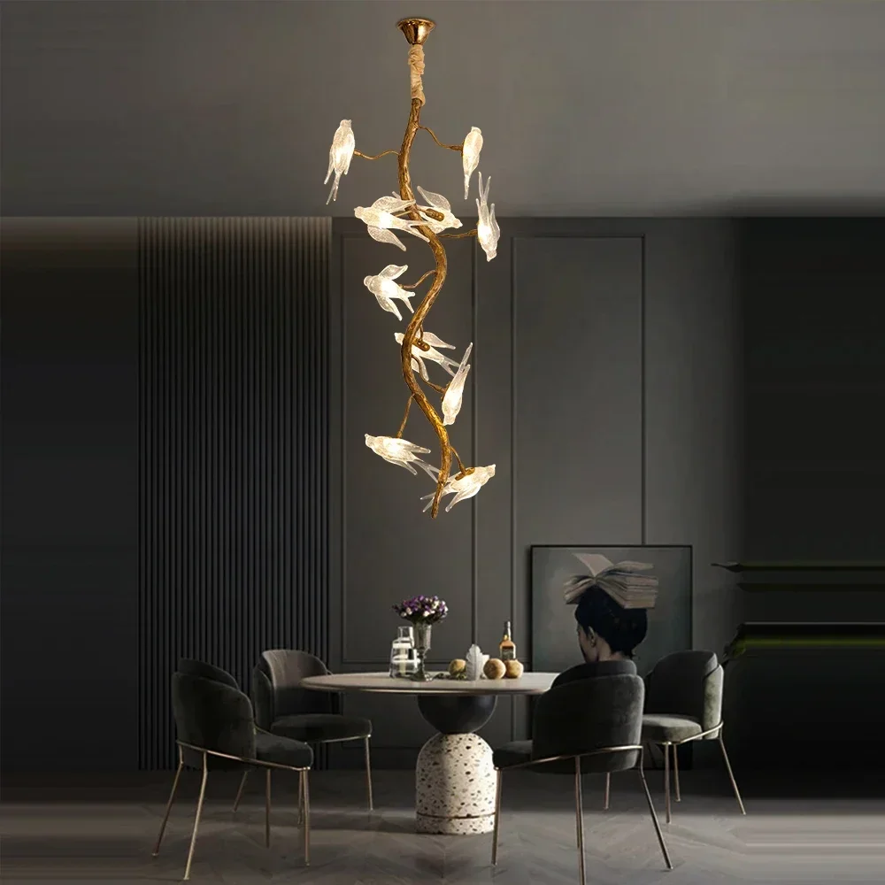 Designer Glass Bird Song Crystal Chandelier Pure Copper Luxury Retro Living Dining Room Decoration Hanging Branching Chandelier