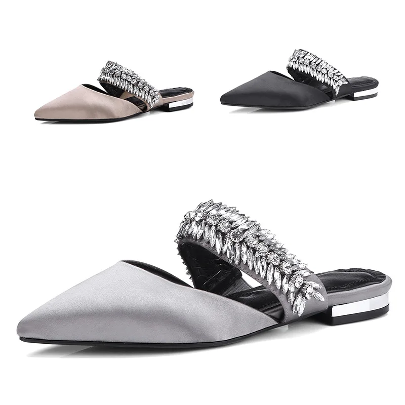 

Wheatear Shaped Rhinestone Strap Pointy Toe Flats Slipper Women Summer Sexy Leisure White Crystal Slide Mules Shoes