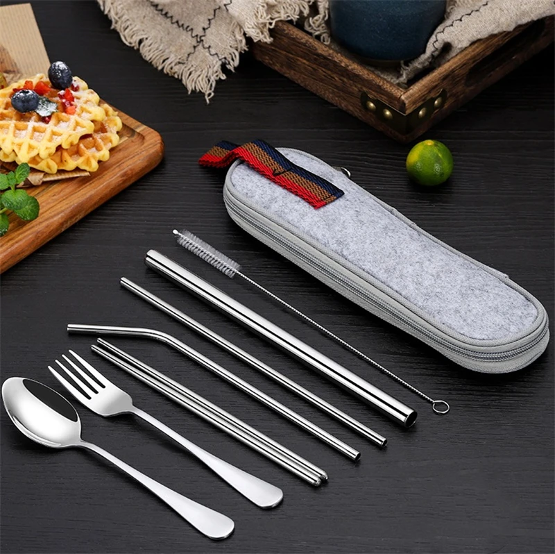 8Pcs/set Tableware Reusable Travel Cutlery Set Camp Utensils Set with stainless steel Spoon Fork Chopsticks Straw Portable case picnic cutlery set western style cutlery set picnic tableware camping cutlery set stainless steel cutlery set cutlery set wooden cutlery set ceramic dinnerware set