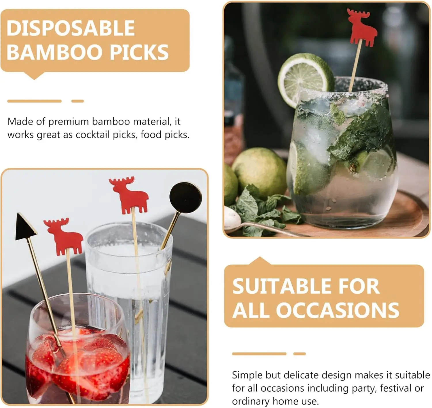 50/100Pcs Christmas Fruit Bamboo Skewers Santa Snowflake Tree Designs Disposable Bamboo Skewers for Party Dessert Cocktail Decor