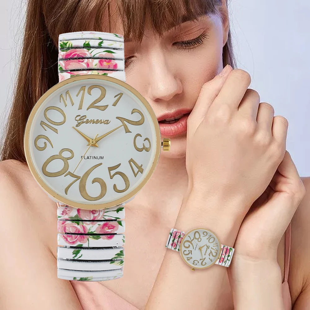 

Fashion Women Quartz Watch Large Arabic Number Dial Ladies Wristwatch Unique Elastic Printing Strap Girls Watches Reloj Mujer