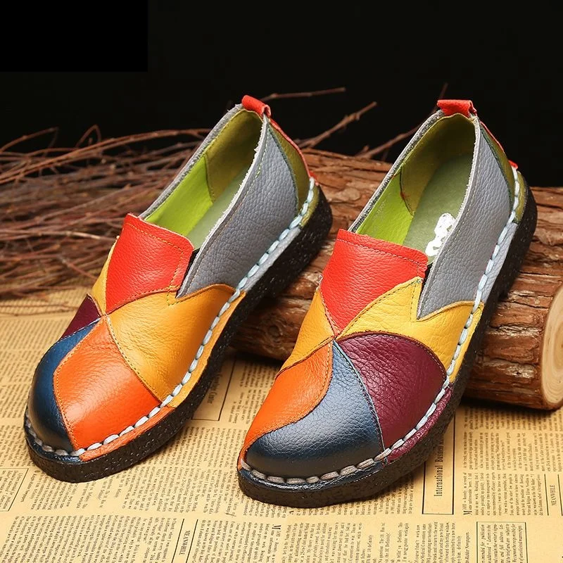 women's retro flats ethnic style mix colors round head moccasins leather shoes autumn plus size slip-on loafers zapatos mujer ﻿