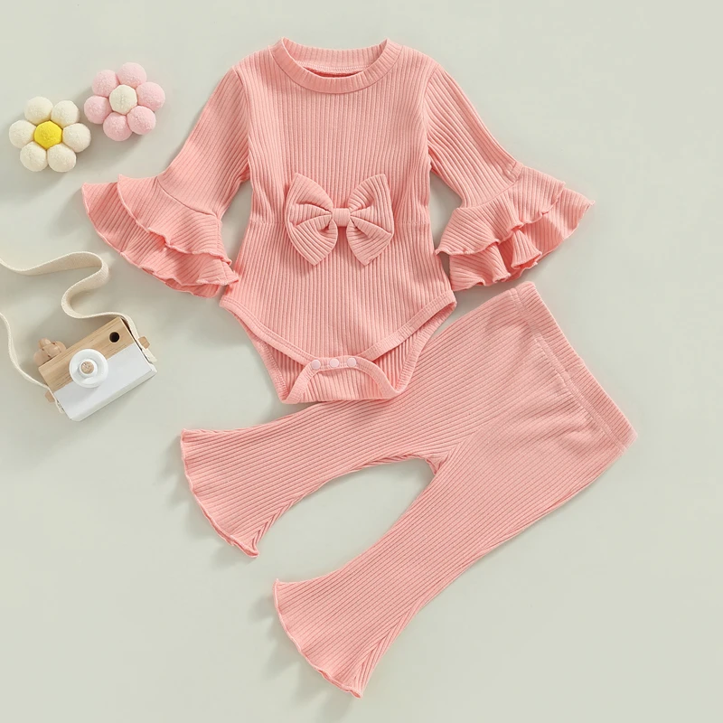 

Blotona Kid Girl Ribbed Pants Suit Long Sleeve Round Neck Bow Romper Tops Long Bell-Bottoms Knitting Pants 0-12Months