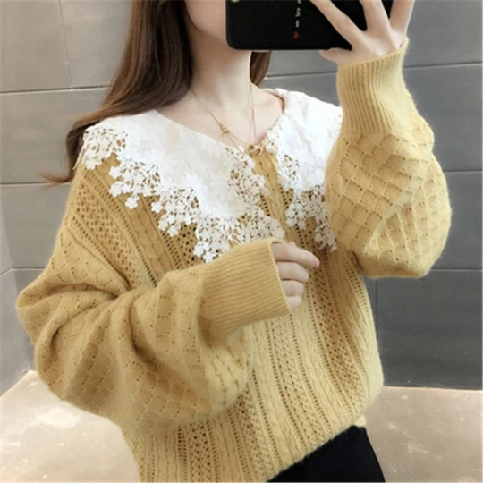 

Lace Yellow Girl Pullover Girl Woman Women Sweater V-Neck Knit Tops Tight Women's Sweaters Fall Spring Top Coat Cloth Suétere