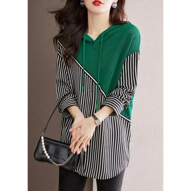 

Autumn Winter Korean Fashion Knitted Spliced Hooded Tops Women's Clothing Commute Fake Two Pieces Striped T-shirt for Female