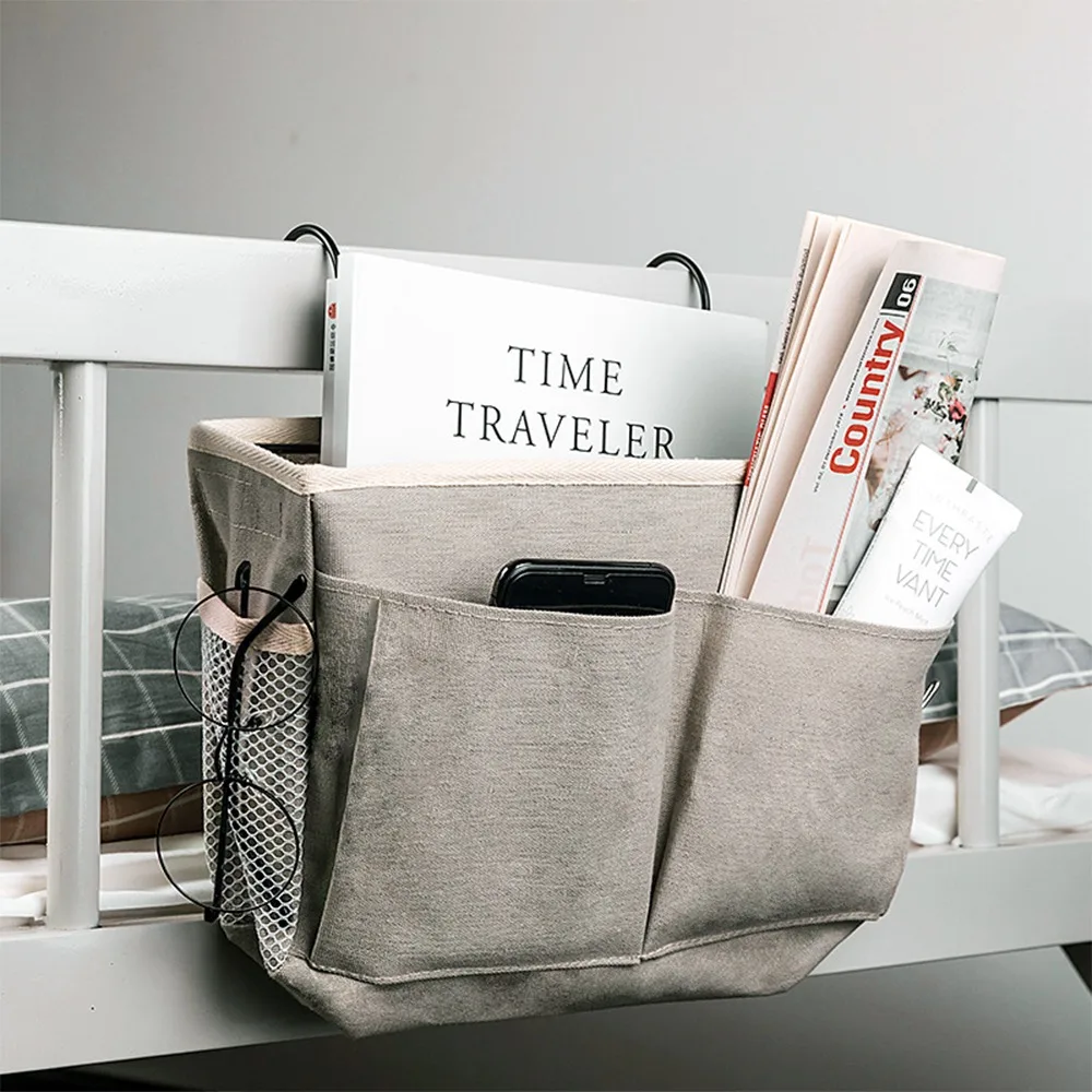 

New Cotton Bedside Storage Bag With Pockets Hanging For Bathroom Dorm Bed Remote Control Folding Pouch Box Organizer
