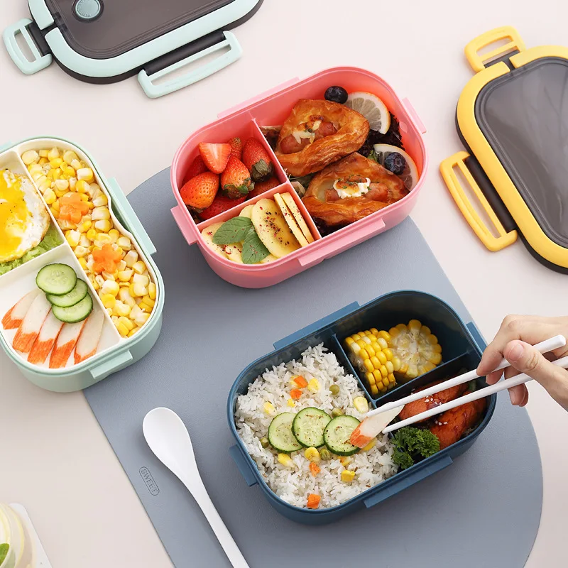 Collapsible Bento Box Portable Hermetic Lunch Box 2 Layer Grid Children  Student Bento Box with Fork Spoon Leakproof Microwavable - AliExpress