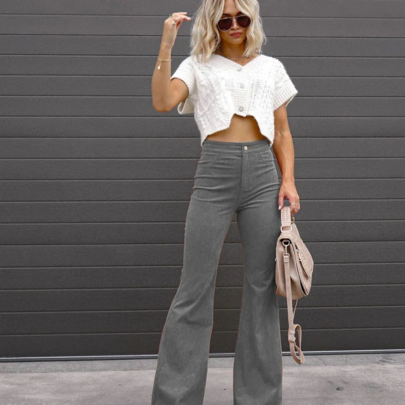 

Autumn And Winter Trouser 2023 Fashion Women's Solid Color High Waist Slim Micro Bell-bottoms Corduroy Comfortable Casual Pants