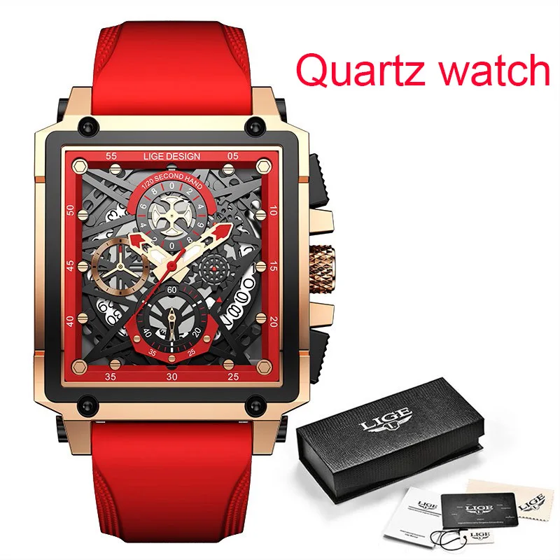 LIGE Top Brand Luxury Mens Watches Square Automatic Watch for Men Tourbillon Clock Genuine Leather Waterproof Mechanical Watches 