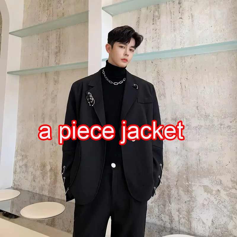 ブラック襟コンビ   ランタンスリーブオーバーサイズ Net Celebrity Blazers Men Metal Buckle Loose Casual Japan