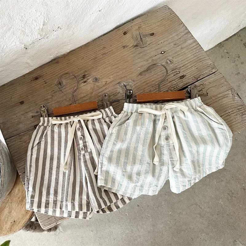 Description Picture 5 of item0-3Yers Vintage Linen Cotton Baby Boys Stripe Shorts Casual Buttons Pocket Design Baby Short Pants for Toddler Girls Clothing