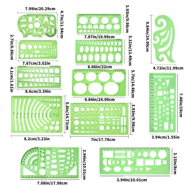 11Pcs Multipurpose Geometry Stencils Set Geometric Drawing Templates Measuring Templates Ruler for Quilting