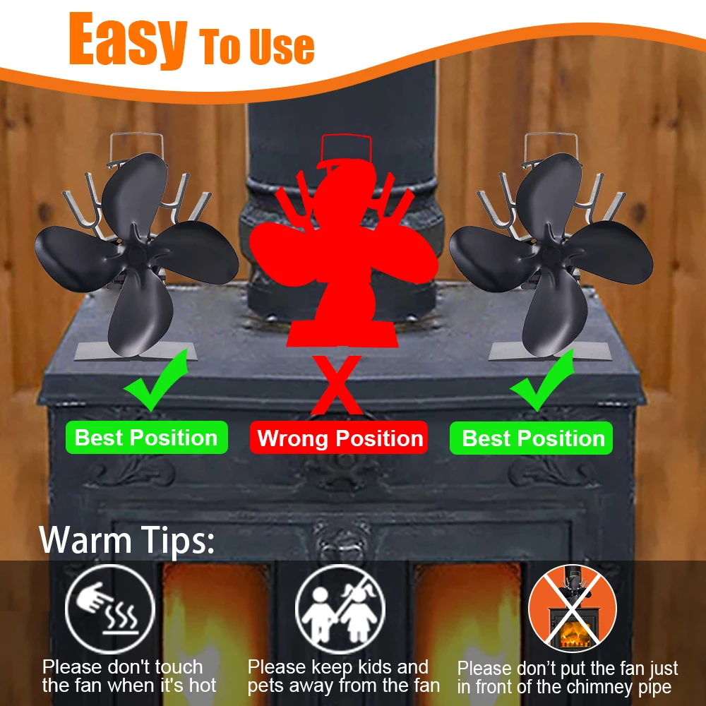 Black Fireplace Fan 4 Blade Heat Powered Stove Fan komin Log Wood Burner Eco Friendly Quiet Home Efficient Heat Distribution Fireplace Fan