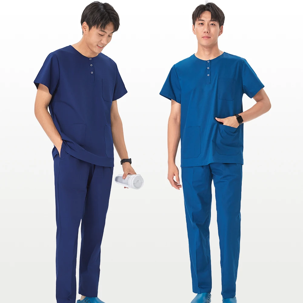 Durable Navy Crew-Neck Nursing Uniform - Breathable Polyester Cotton Blend