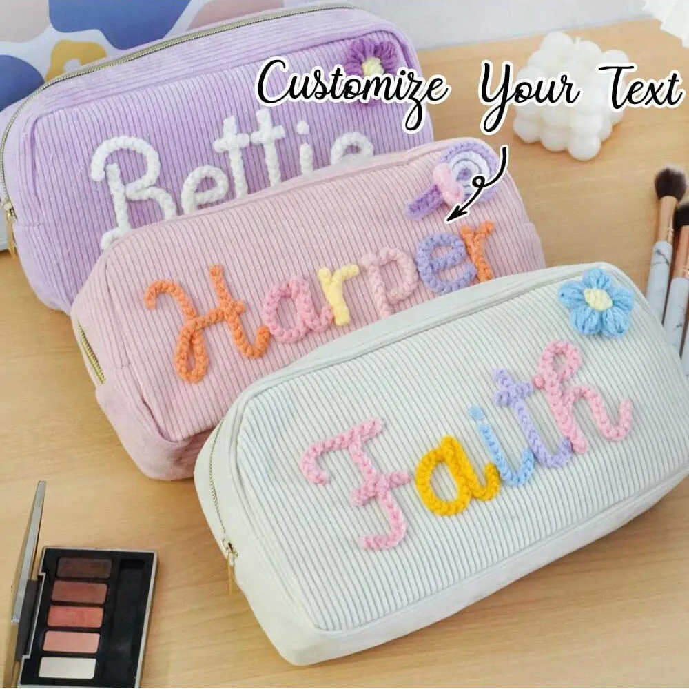 Personalised Corduroy Makeup Bag Custom Name Travel Toiletry Pouch_voghion.com