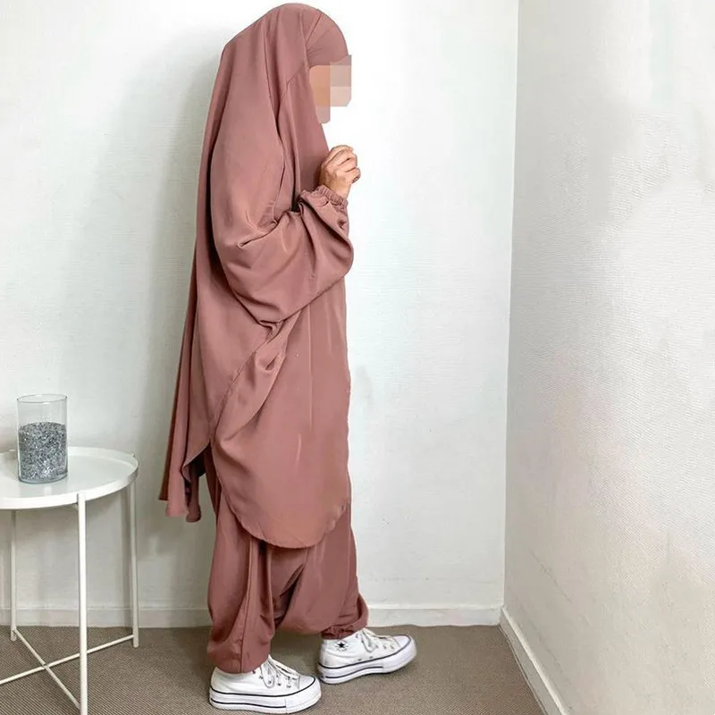 Eid Muslim abayas for women 2 pieces Prayer Garment jilbab with pants Ramadan Abaya Set Islamic Clothes long khimar with sleeve