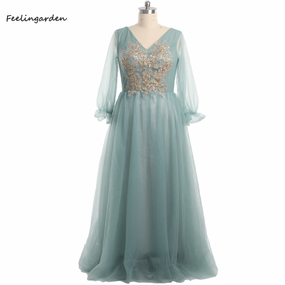 

Feelingarden Evening Dresses Green Beading Full Sleeves V-neck A-line Floor Length Plus size Women 2022 Party Formal Dress R019