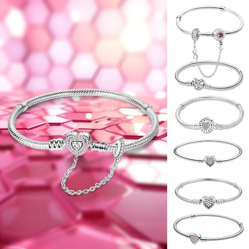 925 Silberbeschichtetes Einfaches Rosa Krallen-Liebesherz Armband DIY Perlenherstellung Passend für Original-Armbänder Modeschmuck Geschenk