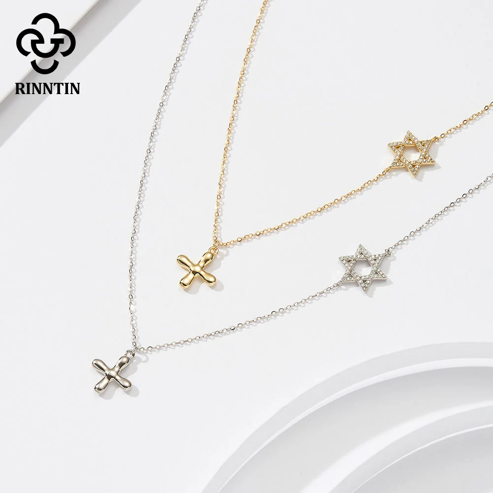 Rinntin Genuine 925 Sterling Silver 5A Clear CZ Star Pendant for Women Cross Silver Fashion Jewelry Chain BQN05